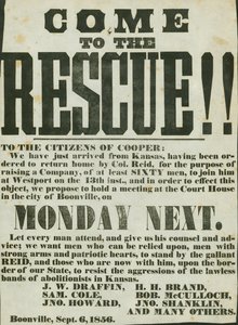 Announces Recruiting of at Least 60 Men to Join Col. Reid at Westport; Meeting to Be Held at Court House in Boonville to Combat Lawless Aggressions of Abolitionists in Kansas by Unknown